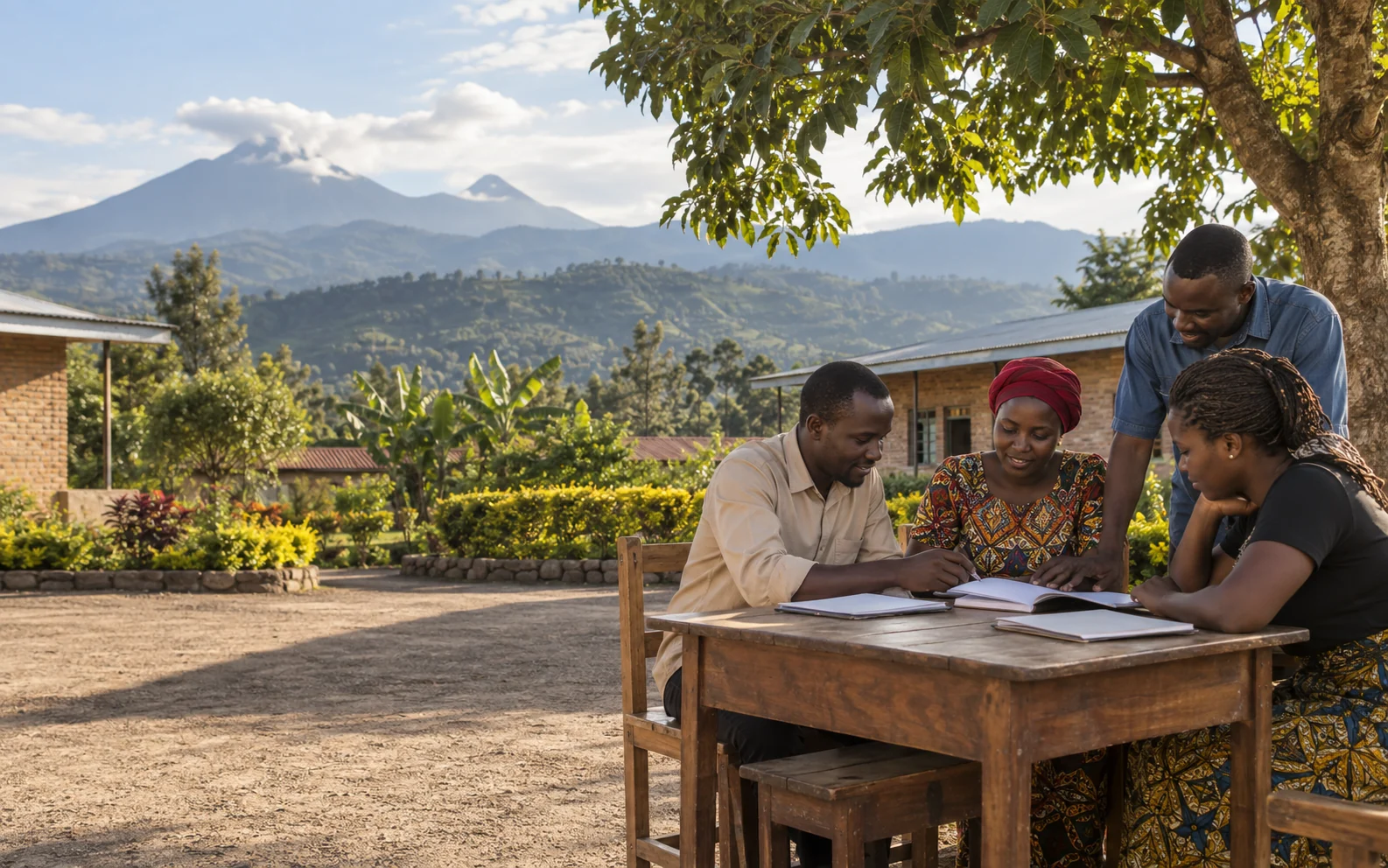 Four adults learning together in a courtyard inspired by the Musanze highlands