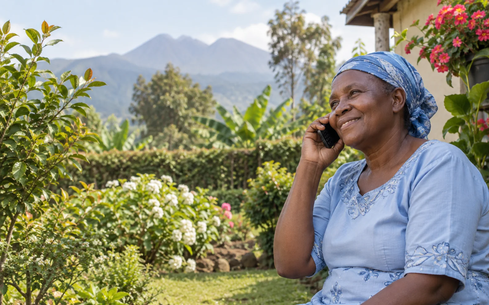 Umubyeyi avugana kuri telefoni mu busitani bwo mu rugo.