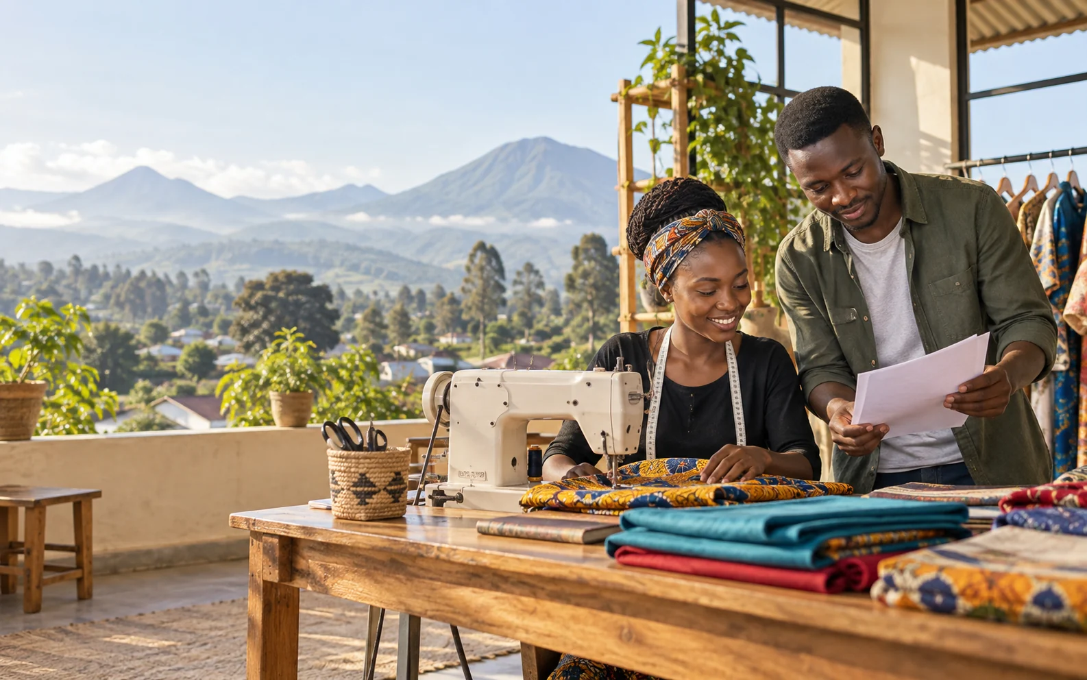 Urubyiruko rubiri rutegura akazi ko kudoda mu mwanya uhari ibikoresho n’imyenda