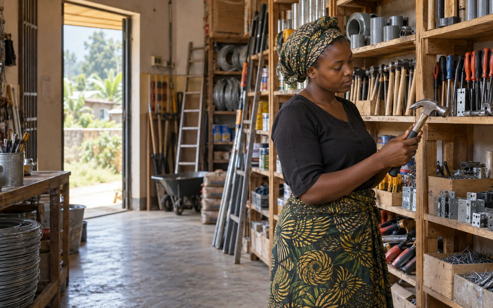 A shopkeeper checking her hardware stock.