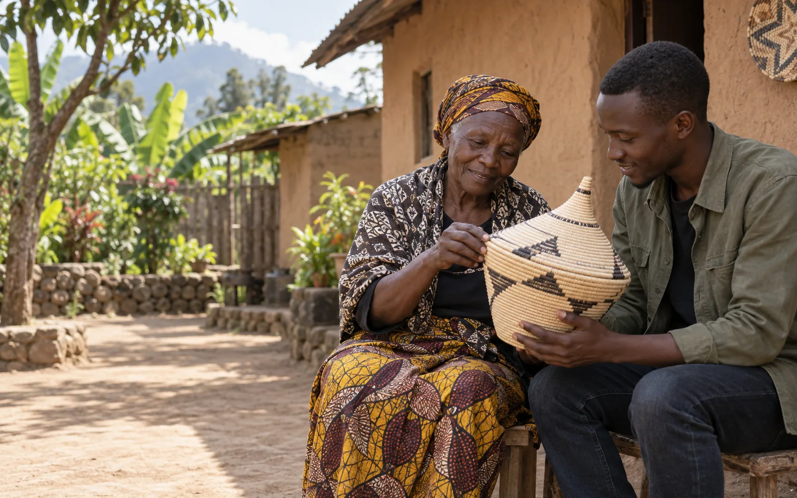 Un artisan transmet son savoir-faire à un jeune adulte.